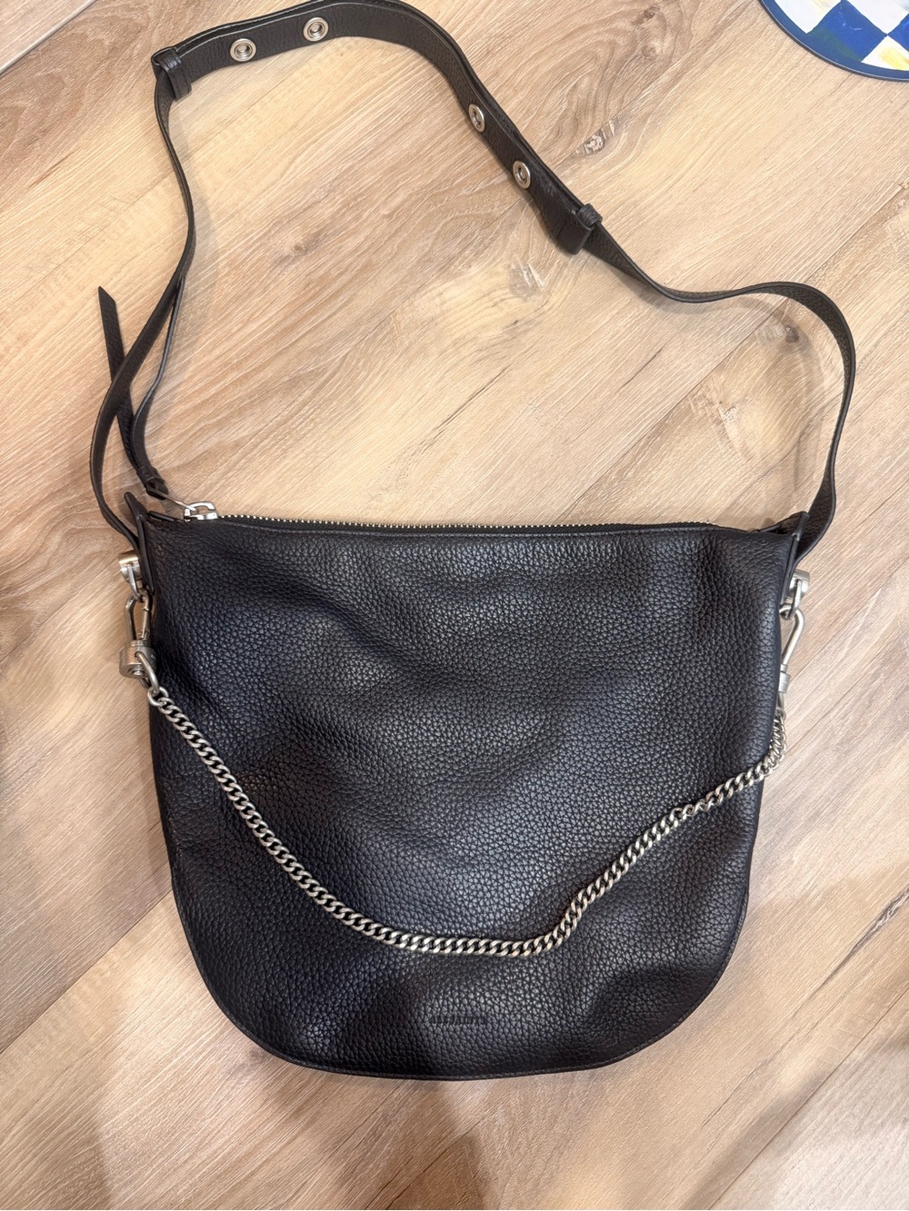 ALL SAINTS-Black Leather Chain-Accent Shoulder bag -BLACK w/Silver Hardware - Picture 8 of 8